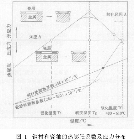 圖1鋼材和瓷釉的熱膨脹系數(shù)及應(yīng)力分布